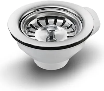 A close-up studio shot of a sink drain basket.