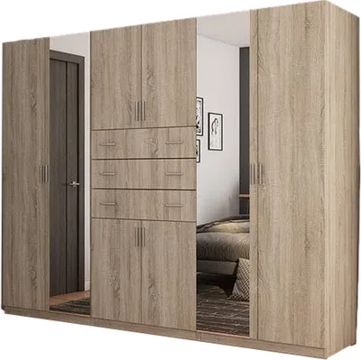 Produktbild von Meblast | Kleiderschrank 270x210 cm mit 2 Spiegeln - Sonoma Eiche Hell - Garderobe mit Regalen, Schubladen und Kleiderstange | Geräumige Anordnung