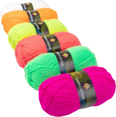 Produktbild von PSYWORK 6er Pack 6 x 50g Schwarzlicht Wolle Neon | Gemischt Farben Mix Bunt Multicolor Sortiment | Strickgarn aus 100% Polyacryl | zum Häkeln & Stricken | fluoreszierend leuchtend