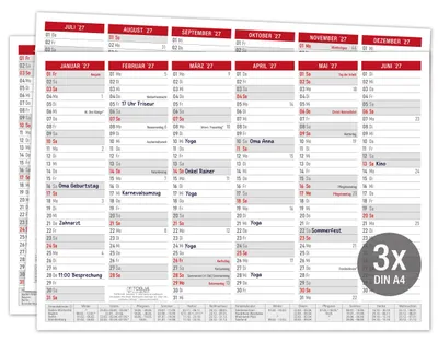 Produktbild von Tafelkalender 2027 Rot DIN A4 3er Set Halbjahreskalender Ferien Feiertage Kalenderwochen Querformat