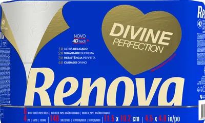 Produktbild von Renova Divine Perfection Toilettenpapier, 42 Rollen Premium 4-lagig, ultraweich, mehr Festigkeit, Dicke, Weichheit und Saugfähigkeit,es Papier 4414 g