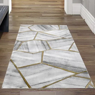 Immagine prodotto di Tappeto moderno da salotto motivo geometrico in grigio oro dimensioni - 80 x 150 cm