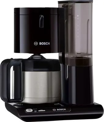 A black Bosch coffee maker with a silver thermal carafe on a white background.