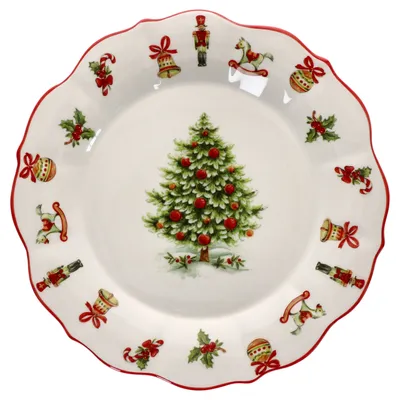 A Christmas-themed plate with a central Christmas tree and various festive ornaments around the rim.