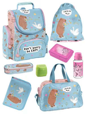 Image de Sac à dos pour filles, 1ère année, modèle CAPYBARA, ensemble scolaire 8 pièces comprenant un sac à déjeuner et un sac de sport
