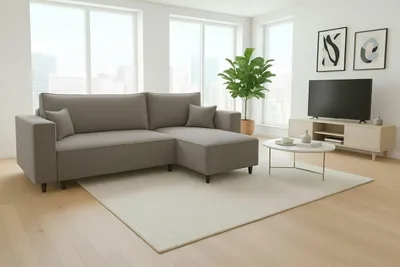 Produktbild von Ecksofa RIO, Eckcouch in L-Form mit Schlaffunktion und Bettkasten, Farbe: Grau, Bouclé-Stoff, Ottomane Universal