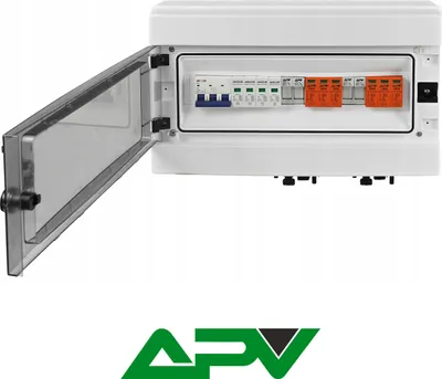 A white electrical junction box with its transparent door open, revealing internal components like circuit breakers and surge protectors.