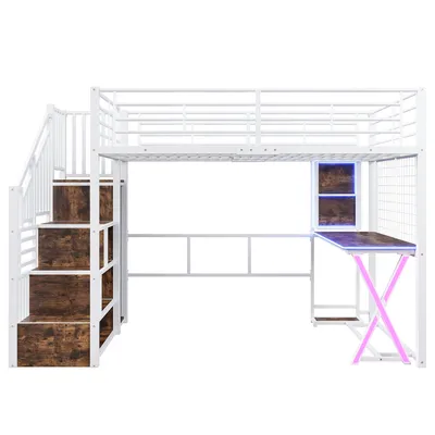 Produktbild von Flieks Etagenbett 140x200cm mit Schreibtisch und LED, Hochbett Jugendbett mit Kleiderstange und Staufach, Kinderbett Doppelbett Stockbett, Weiß