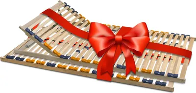Two wooden bed slats with a red ribbon and bow tied around them, presented as a gift.