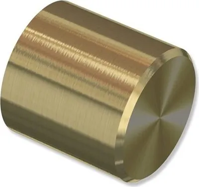 A single brass end cap for a curtain rod, shown at an angle against a white background.