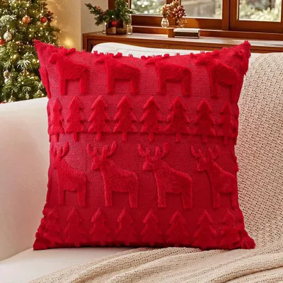 Plüschkissenbezug 55x55 cm, Weihnachtsmotiv Elch & Baum, rot