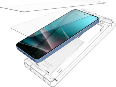 A smartphone screen protector and its application guide are shown in an exploded view.