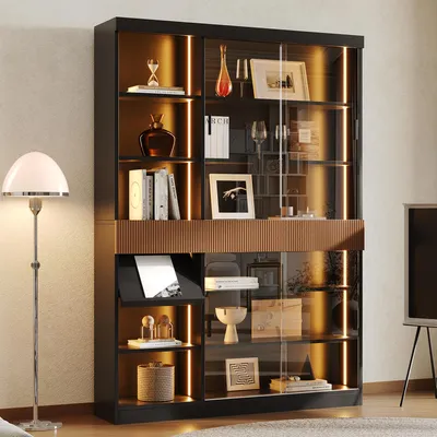 Produktbild von Flieks Vitrine mit LED-Beleuchtung und Schiebetüren aus gehärtetem Glas, Standvitrine mit 3 Schubladen, Klappablage, Ausstellungsschrank,Schwarz+Braun