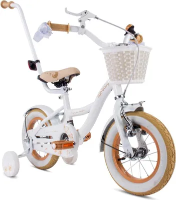 Produktbild von Kinderfahrrad für Mädchen, 12 Zoll, Korb, Führungsschienen, Seitenräder, Blumenmuster, Löwenzahn, weiß-beige, Sonnenmotiv