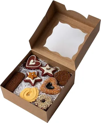 Produktbild von Braune Kraftpapier Geschenkboxen für Gebäck mit Sichtfenster (24 Stk) – 10,2x10,2x6,7cm Karton Box Verpackung