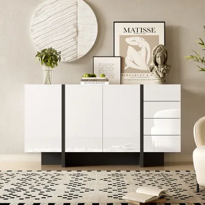 Produktbild von MODFU Kommode Hochglanz Sideboard mit 2 Türen und 4 Schubladen, Schrank Buffet für Wohnzimmer, Schlafzimmer,Weiß