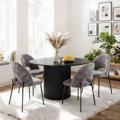 Produktbild von Essgruppe VIANNEY 1 Tisch mit 4 Stühlen, Ø120 x 75 cm, schwarz grau – modernes Esszimmerset mit rundem Esstisch aus MDF und Metall, Stühle mit Stoffbezug, bequeme Sitzgelegenheit ohne Armlehnen
