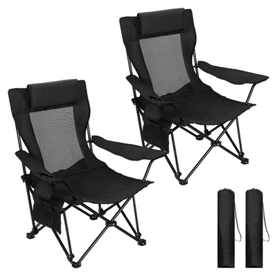 Immagine prodotto di Sedie da campeggio - Sedie pieghevoli da spiaggia - Set da 2 - Colore: nero - Schienale regolabile - Tasche laterali - Portabicchieri - Pieghevoli