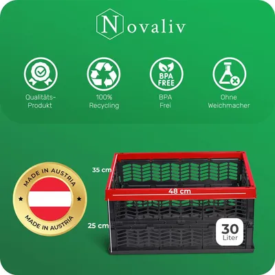 Zdjęcie produktu dla Novaliv – Kosz składany do przechowywania | 30L, czerwony/czarny, składany, stabilny | Kosz składany, pojemnik do przenoszenia, skrzynia składana, pojemnik do przechowywania w kuchni, kosz na zabawki, torba na zakupy, kosz kuchenny