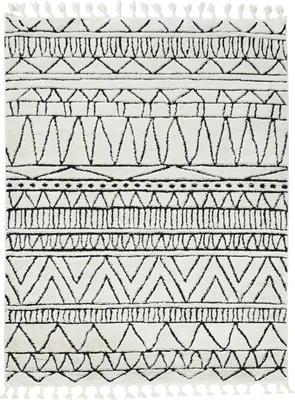 Produktbild von Done Teppich Ocean Done Scandi Boho-Stil Off-White mit schwarzem Muster und geflochtenen Fransen