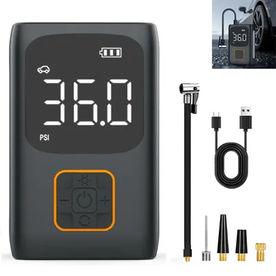 Produktbild von Mini Luftpumpe Kabellos, 7,4 V, 60 W, LCD Anzeige, LED Notlicht, Powerbank, Tragbar, Auto, Fahrrad, Motorrad, Ball, Reifenpumpe