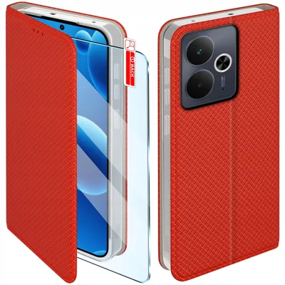 Image de Coque magnétique pour Realme 14T 5G, avec fermeture, de couleur rouge + protection en verre trempé 9H