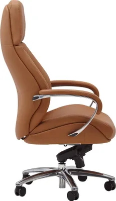 A side view of a caramel-colored leather office chair with a chrome base and wheels.