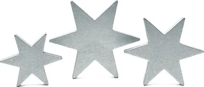 Three silver stars of different sizes arranged on a white background.