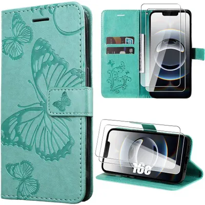 Image de Coque + 2 Verres Trempés pour iPhone 16e, Protection Anti-Rayures en Cuir Synthétique Vert Motif Papillon