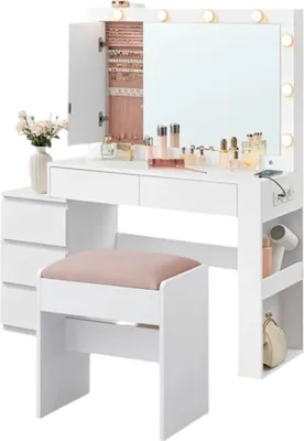 Produktbild von Schminktisch mit LED-Beleuchtung, Spiegel und Schmuckschrank – Spanplatte – 40 x 125 x 140 cm