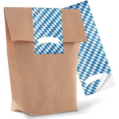 Produktbild von Bayerische Geschenktüten braun mit Boden und StickerBlau Weiß Kariert / 10 Stück