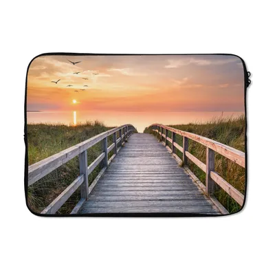 Produktbild von MuchoWow® Laptop Hülle 13 Zoll Sonnenuntergang - Meer - Weg - Gras - Düne - Vögel Laptoptasche - Laptophülle - Sleeve - Rundumschutz
