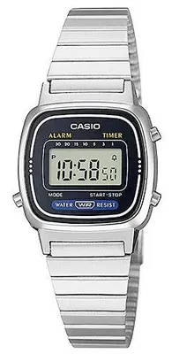 A Casio digital watch with a silver metal band and a black face.