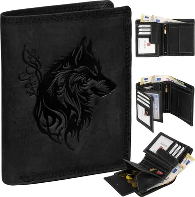 Produktbild von RFID Büffel Echt Leder Geldbörse Portemonnaie Herren mit geprägtem Motiv Schwarz Hochformat Wolf