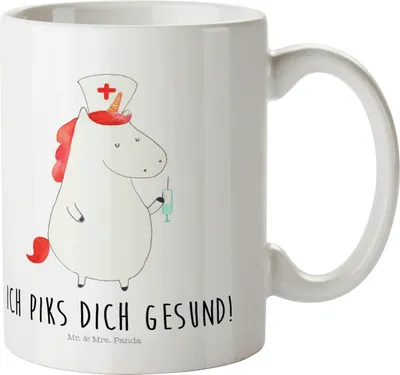 Produktbild von Mr. & Mrs. Panda Pott Einhorn Krankenschwester - Weiß - Geschenk, Kindergarten Becher, Trinklernbecher, Plastikbecher, Krankenpflegerin, Unicorn, Krankenpfleger, Ärztin