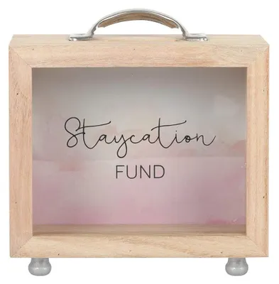 Spardose Staycation Fund, Metall & Glas, 15x18x7 cm, braun