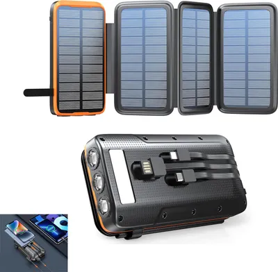 Produktbild von Solar Ladegerät 20000mAh mit 4 Solarpanels, Powerbank wasserdicht für Smartphone & Tablet, Camping Notfall Akku mit LED
