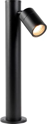 A black outdoor bollard light with an adjustable spotlight.