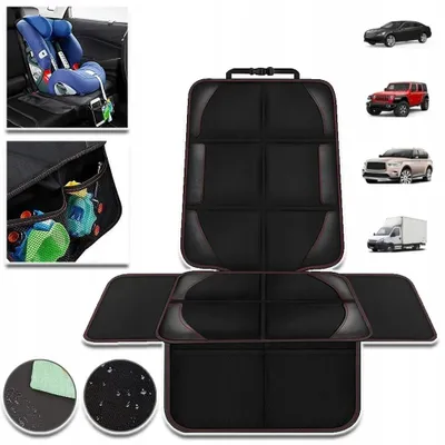 Obrázok produktu pre Ochranná podložka do auta pre detskú autosedačku – univerzálna – vodeodolná – s 2 sieťovými vreckami – pod autosedačku pre bábätko/detskú autosedačku – čierna