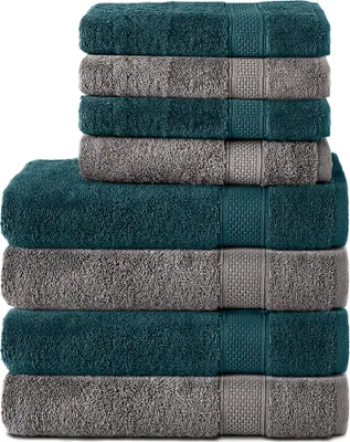 Produktbild von Komfortec 8er Handtuch Set aus 100% Baumwolle, 4 Badetücher 70x140 und 4 Handtücher 50x100 cm, Frottee, Weich, Towel, Groß, Anthraizt Grau / Petrol