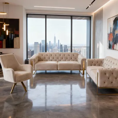 Produktbild von Sofa Set Liva 3+2+1 in Velvet-Stoff, 3-Sitzer mit Schlaffunktion I Beige-Gold