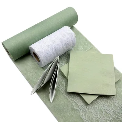Immagine prodotto di Set per la decorazione della tavola: tovaglia in tessuto non tessuto, nastro in pizzo, 40 tovaglioli, colore verde e bianco