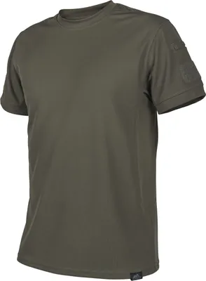 A plain olive green t-shirt is displayed front and center against a white background. The t-shirt has short sleeves and a crew neck. There is a small logo patch on the upper left sleeve.