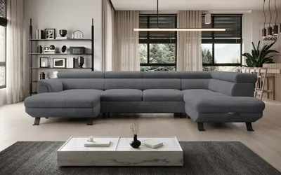 Zdjęcie produktu dla DomoHome ECKSOFA RAVEN XL - Narożnik z funkcją spania z wysuwanym łóżkiem, regulowane zagłówki, pojemnik na pościel, duża sofa 334x198x162 cm prawa strona stalowa