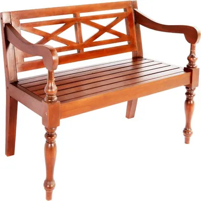 A wooden bench on a white background.