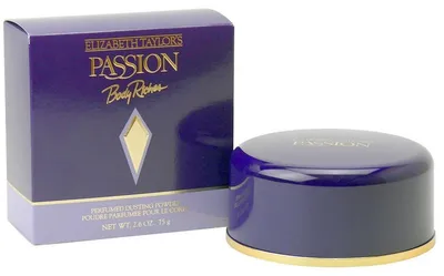 Elizabeth Taylor's Passion Body Powder in runder, violetter Dose mit goldener Schrift, daneben passende violette Verpackung mit goldenen Akzenten, 75 g.