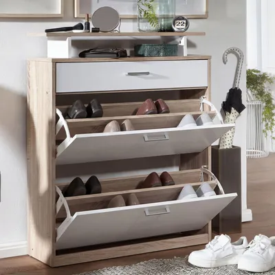 Obrázek produktu pro FineBuy Dřevěný vozík na boty 80x95x24 cm Moderní dubový botník Sonoma Úzký botník Úložný prostor na boty se zásuvkou Předsíňová skříňka