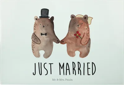 Produktbild von Mr. & Mrs. Panda Schneidebrett Bär Heirat - Weiß - Geschenk, Vesperplatte, Hackbrett, Glas, vesperbrett, Teddy, Glas-Servierplatte