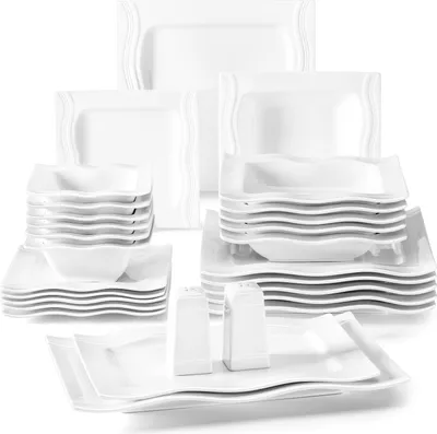 Produktbild von MALACASA, Serie Mario, Cremeweiß Porzellan Tafelservice 28 Tlg. Set Geschirrset Kombiservice mit Dessertteller, Speiseteller, Suppenteller, Müslischalen, Servierplatte, Salz- und Pfefferdosen