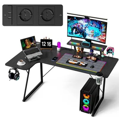 Produktbild von Gaming Tisch mit Steckdosen,150cm Computertisch mit Monitorständer & CPU Ständer,Ergonomischer Schreibtisch für Schlafzimmer Büro 150x60x74cm